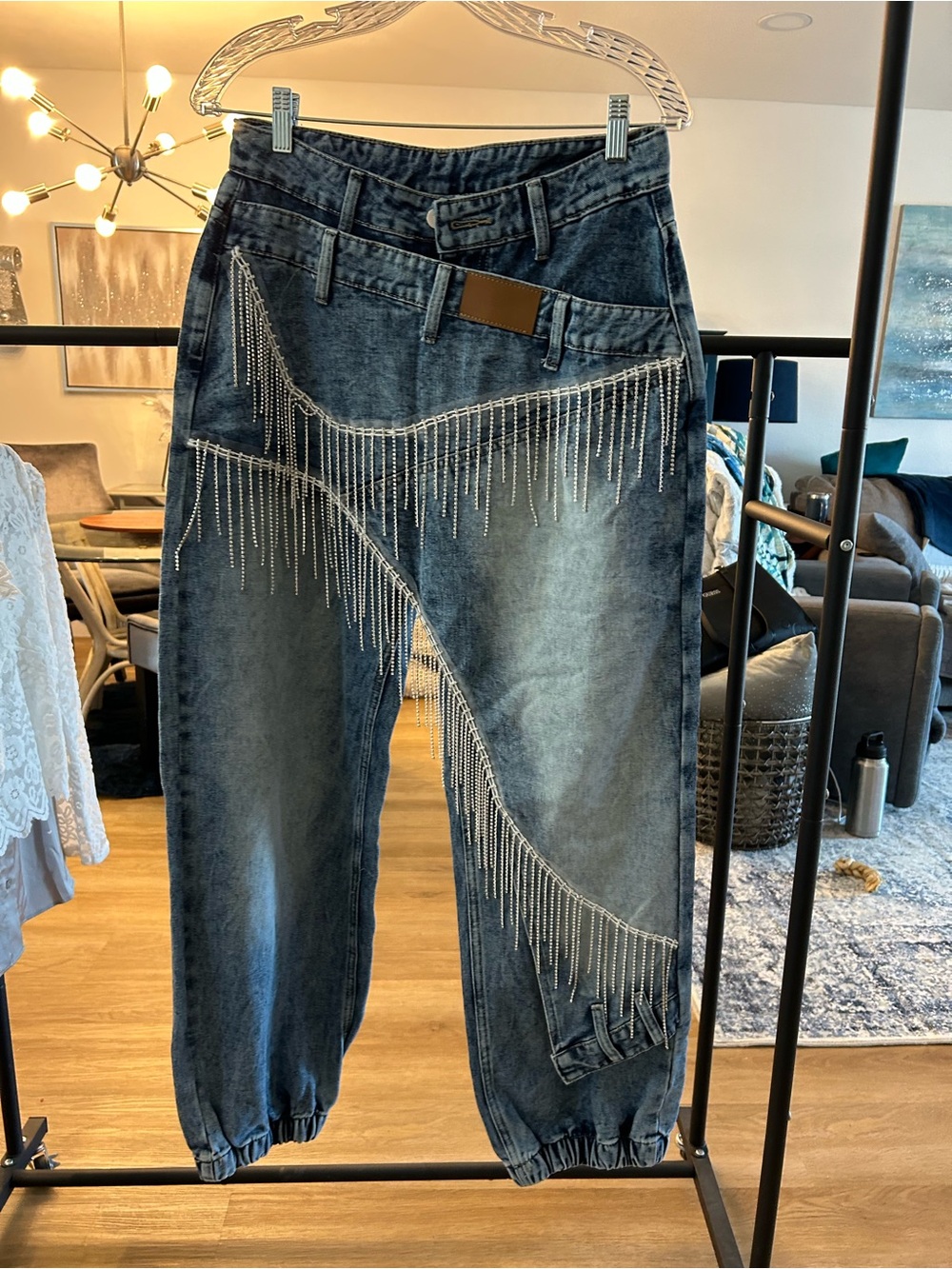 Dark Wash Men’s Jeans with Silver Fringe Detailing